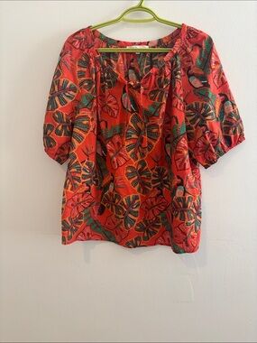cleo Red Cotton Tropical Leaf Peasant Blouse